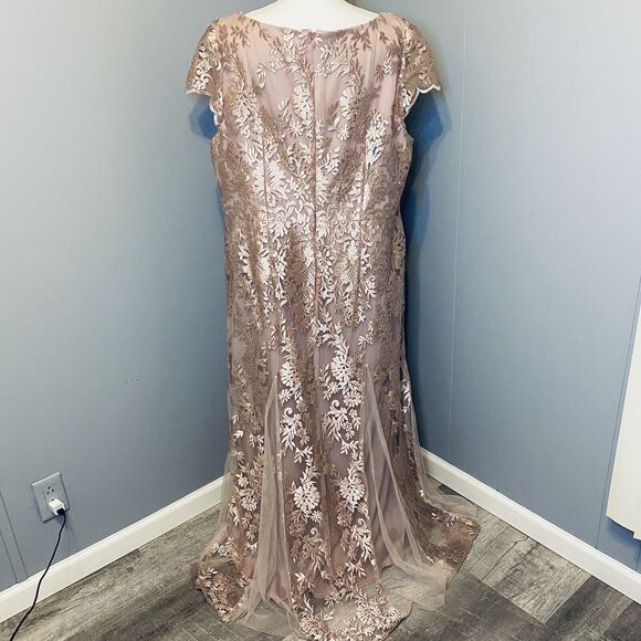 Brianna Women's Plus Size Pink Floral Embroidered Cap Sleeved Gown with Mesh - Picture 8 of 12